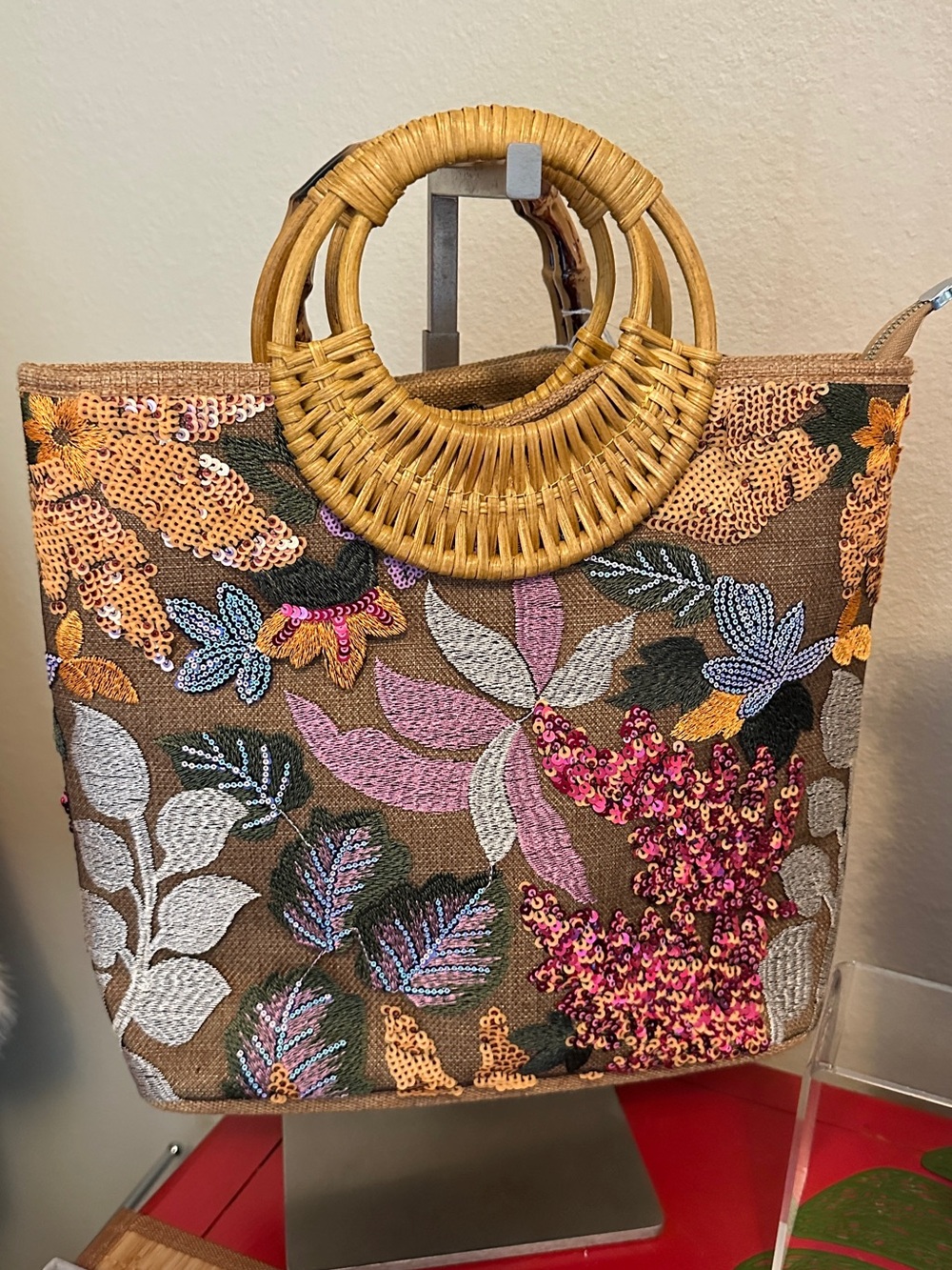 Woven Rattan Handle Floral Sequin Tote - Brown & Pink